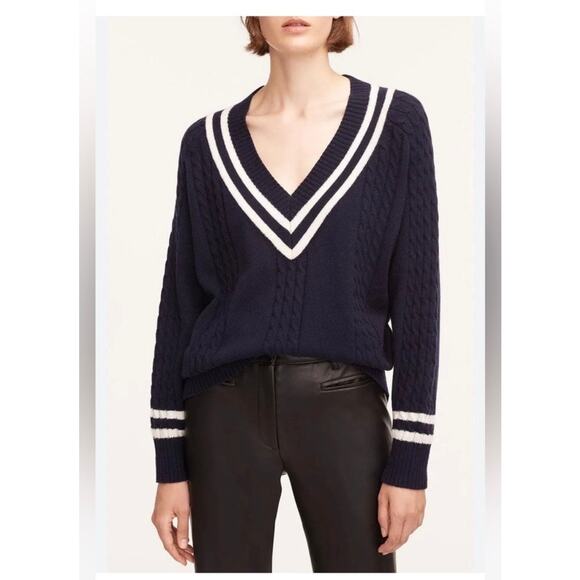 Rebecca Taylor Navy Contrast Tipped V-Neck Varsity Pullover Sweater Size Small - Picture 1 of 11